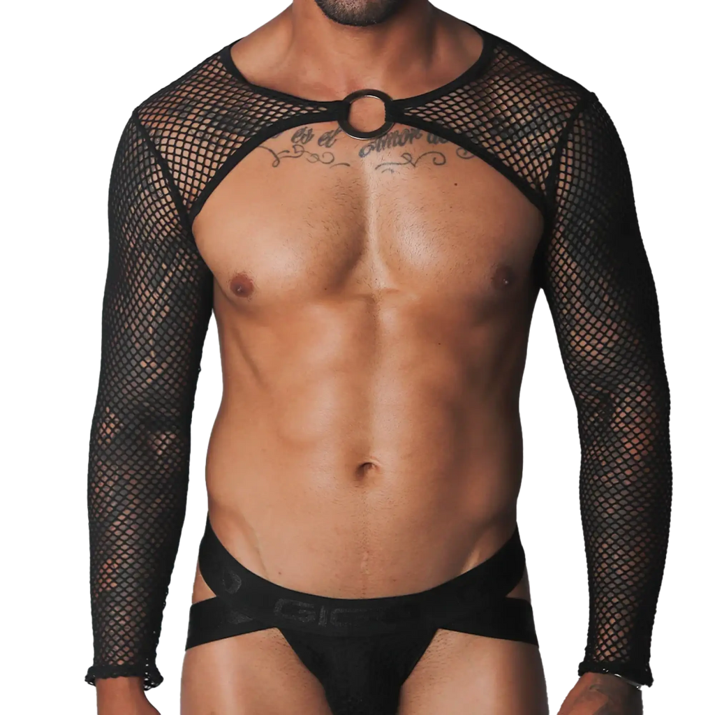 Black fishnet long-sleeve harness with a central metallic O-ring collar and matching black athletic jockstrap.