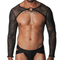 Black fishnet long-sleeve harness with a central metallic O-ring collar and matching black athletic jockstrap.