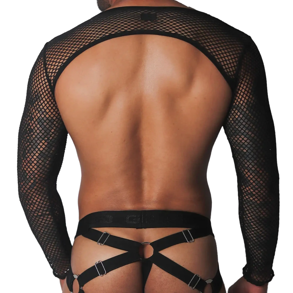 Black fishnet long-sleeve crop top paired with an elastic harness featuring silver rings and adjustable straps.