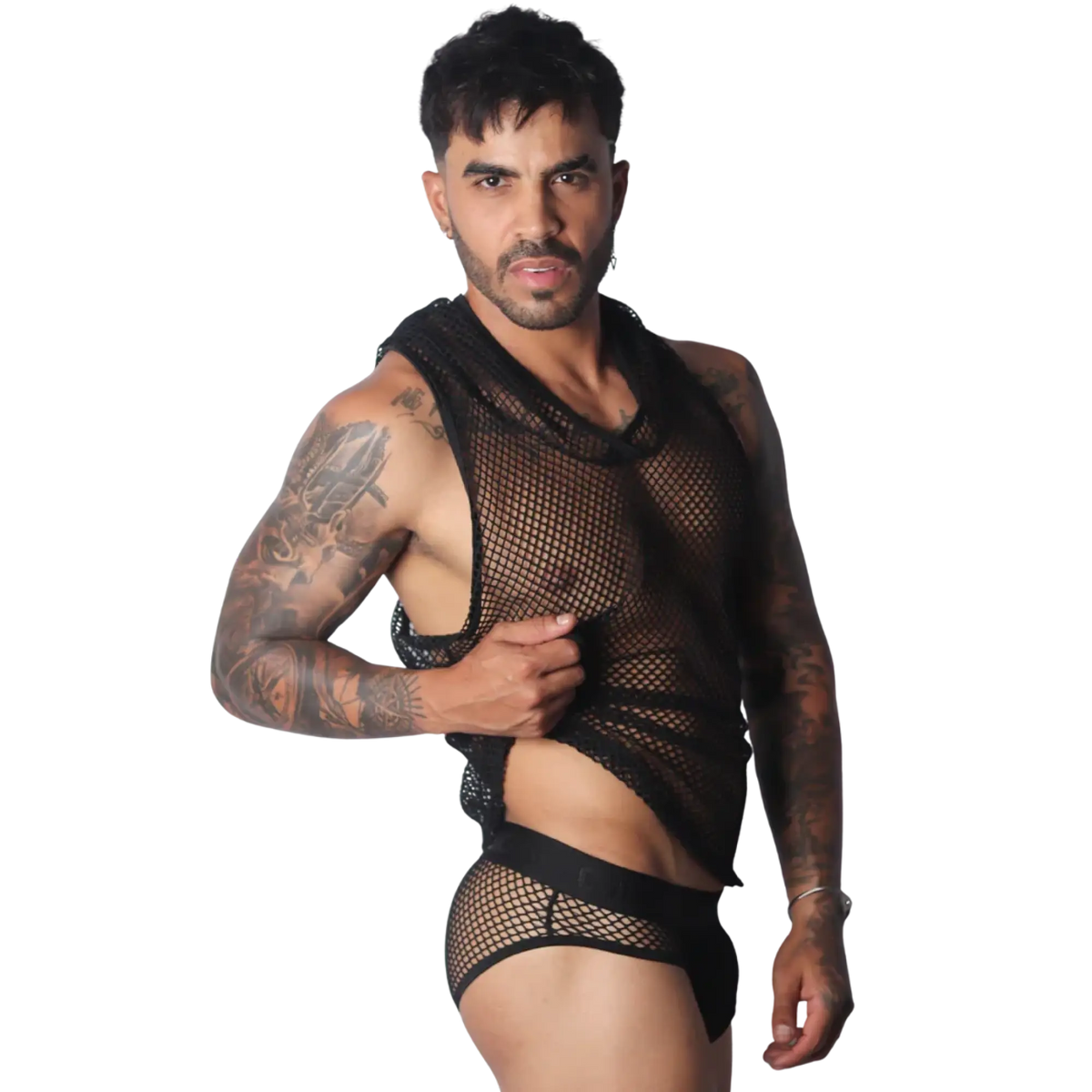 Sleeveless black mesh hooded shirt with a wide neck and athletic fit, shown on a tattooed model.