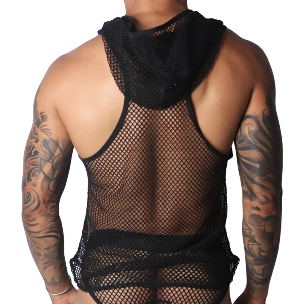 Black fishnet sleeveless hooded tank top with a racerback design and raw trim edges.
