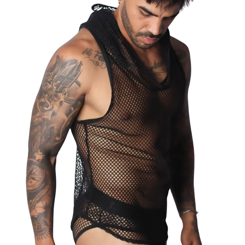 Sleeveless black fishnet hooded tank top with a deep scoop neckline and fitted cut.
