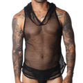 Black sleeveless fishnet hooded tank top featuring a wide neckline and athletic mesh design.