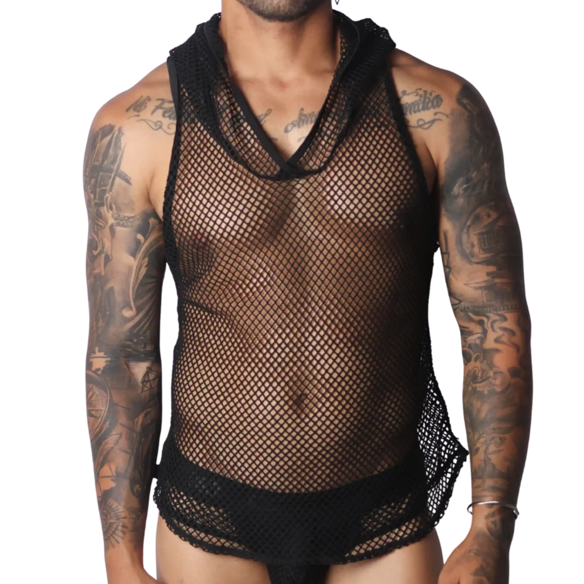 Black sleeveless fishnet hooded tank top featuring a wide neckline and athletic mesh design.