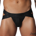Black jockstrap with textured mesh pouch and crisscross elastic waistband featuring Gigo logo branding.