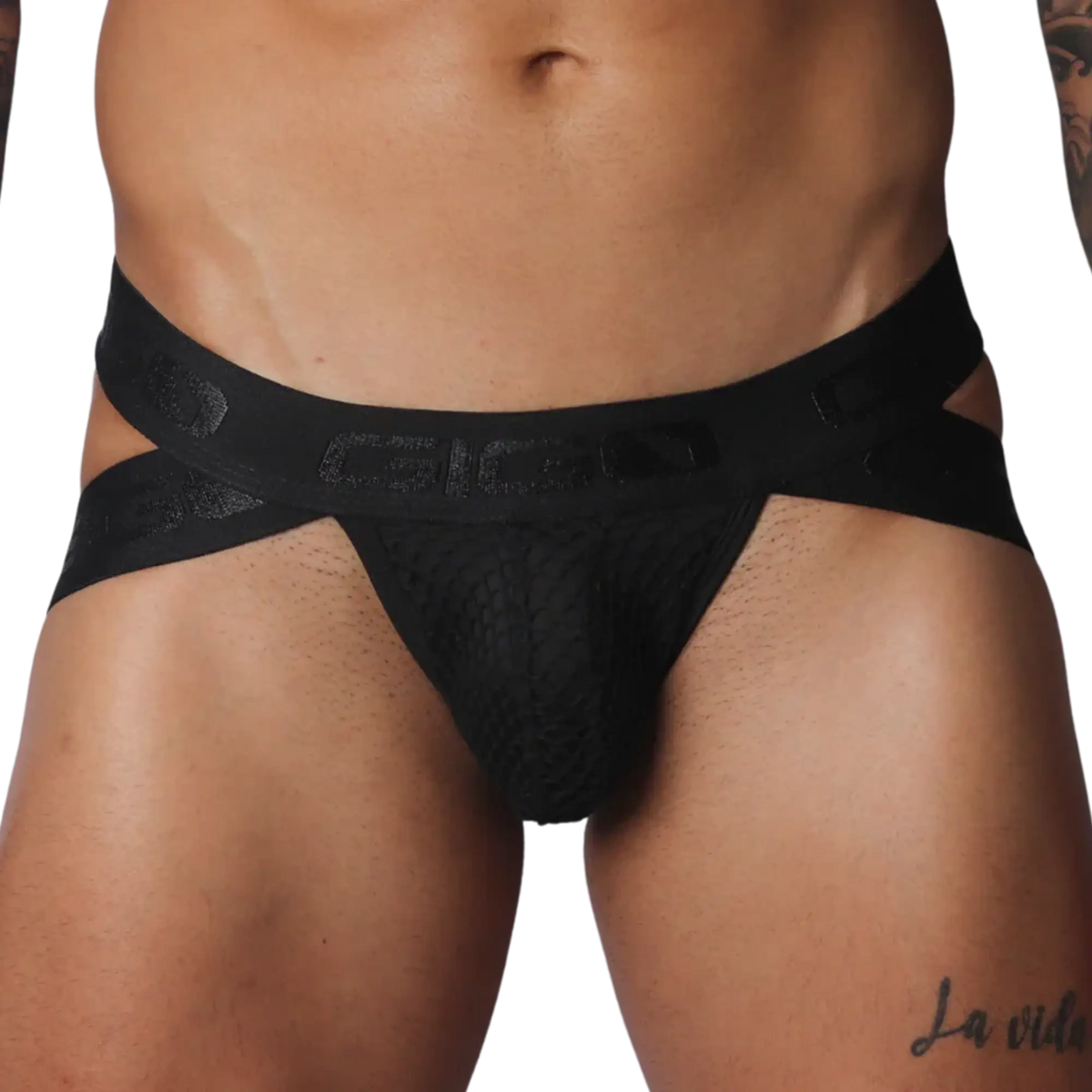 Black jockstrap with textured mesh pouch and crisscross elastic waistband featuring Gigo logo branding.