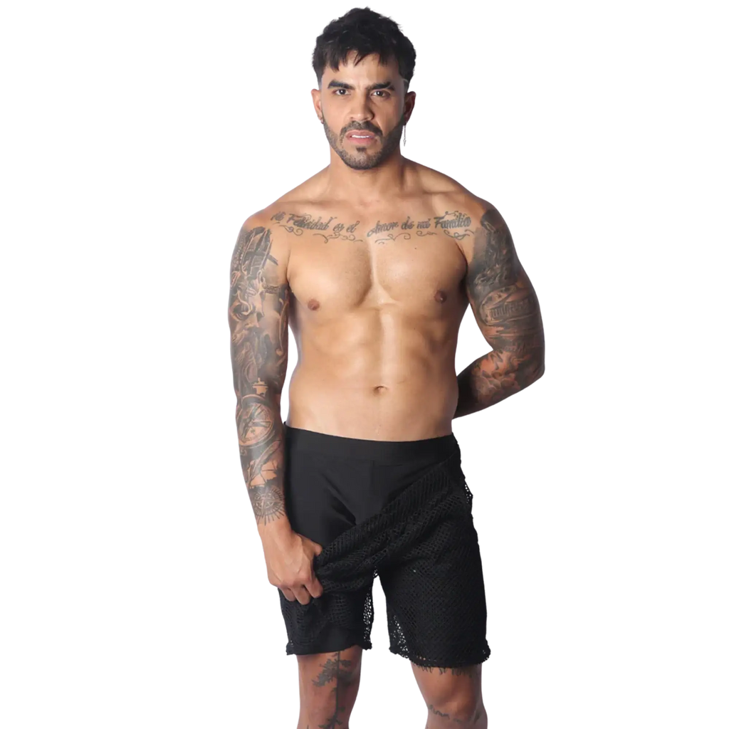 Form-fitting black athletic shorts featuring a layered design with a sheer, open-mesh outer panel.