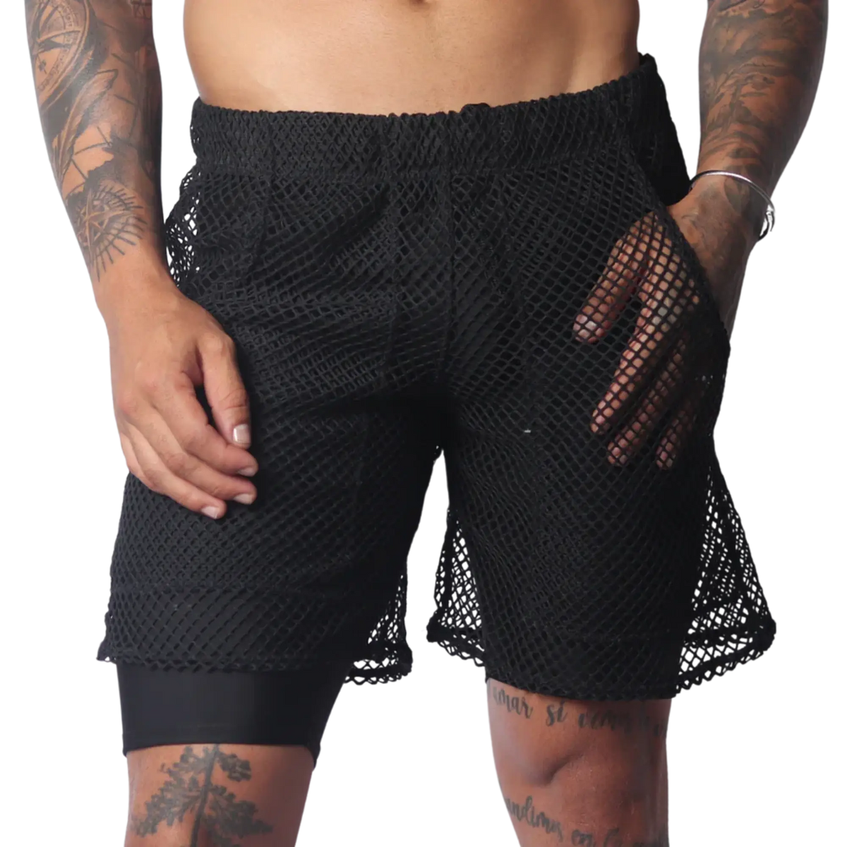 Black athletic shorts with an elastic waistband, featuring a sheer, oversized mesh outer layer over solid lining.
