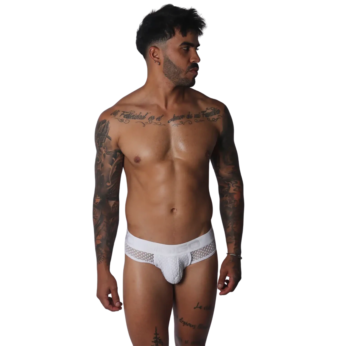 White low-rise brief with side mesh panels and a textured pouch, featuring an elastic waistband with Gigo branding.