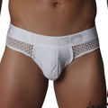 White brief with sheer, open-weave lace fabric and a branded elastic waistband.