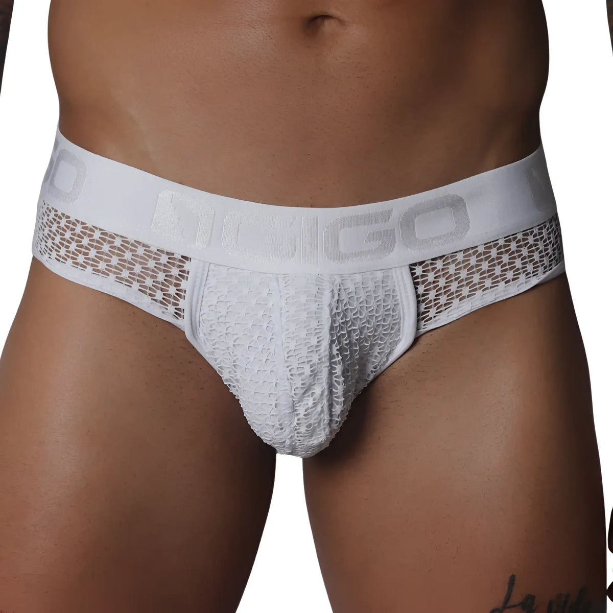 White brief with sheer, open-weave lace fabric and a branded elastic waistband.