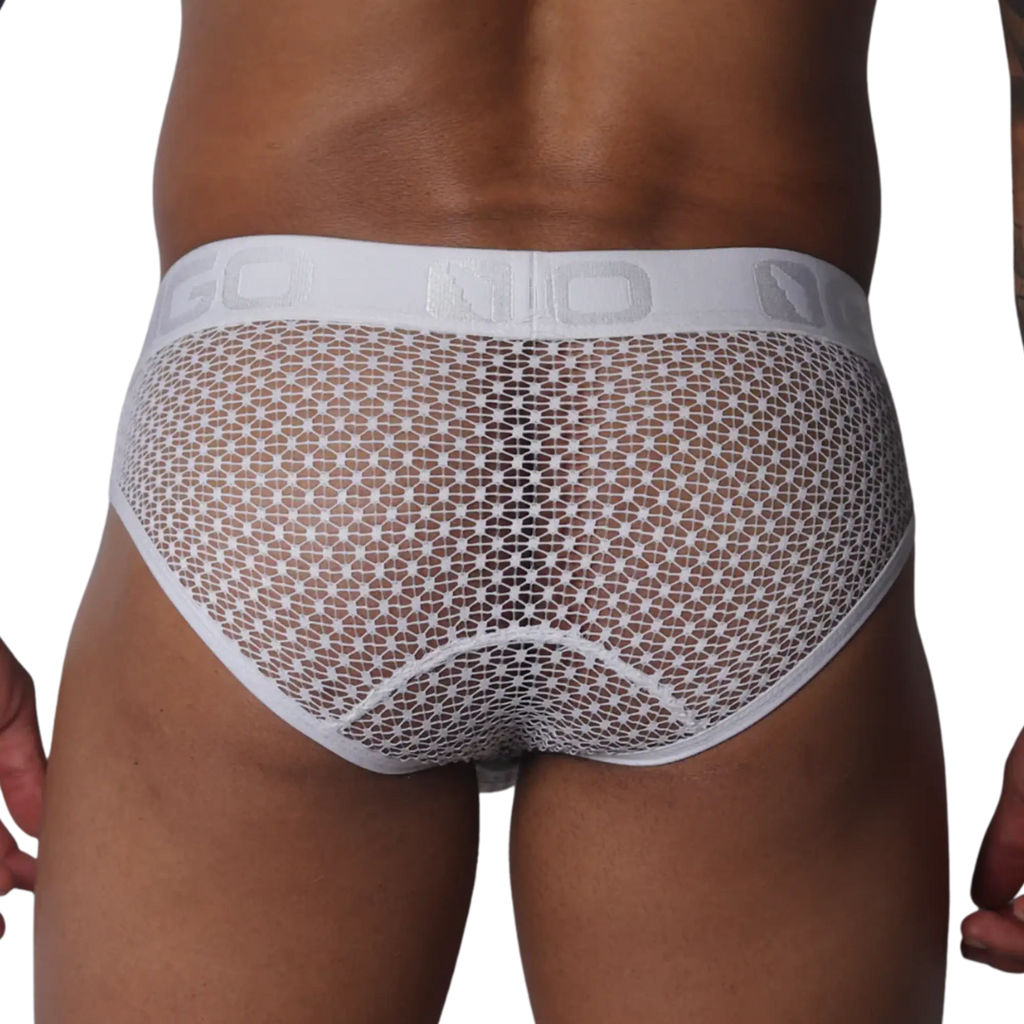 White mesh brief with a geometric pattern, featuring a wide elastic waistband with GIGO logo lettering.