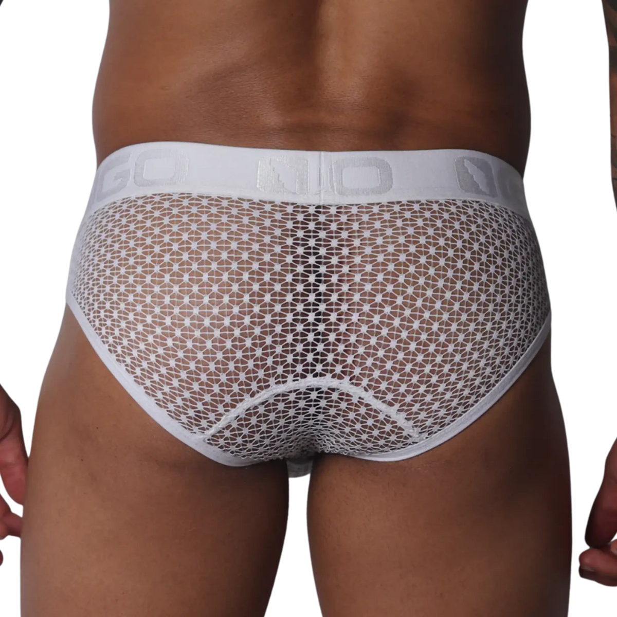 White mesh brief with a geometric pattern, featuring a wide elastic waistband with GIGO logo lettering.
