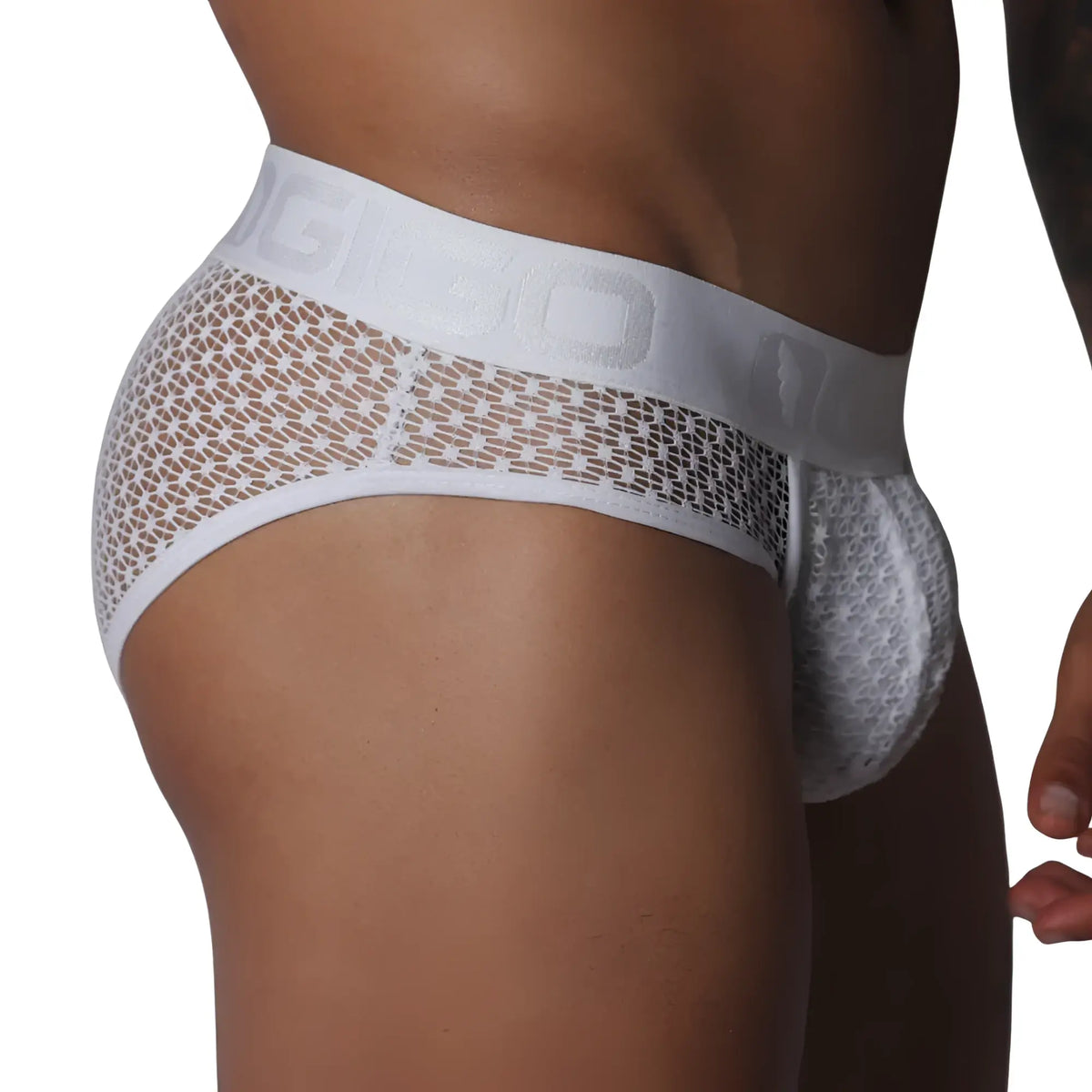 White mesh brief with a wide, branded elastic waistband and contoured pouch, featuring a decorative geometric pattern.