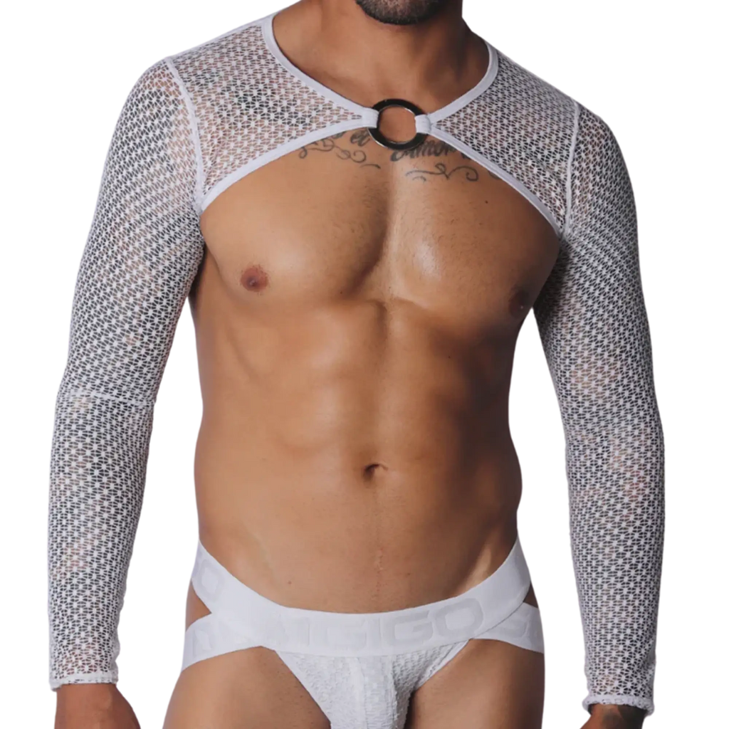 White mesh long-sleeve harness with a central silver O-ring connector and cutout chest design.