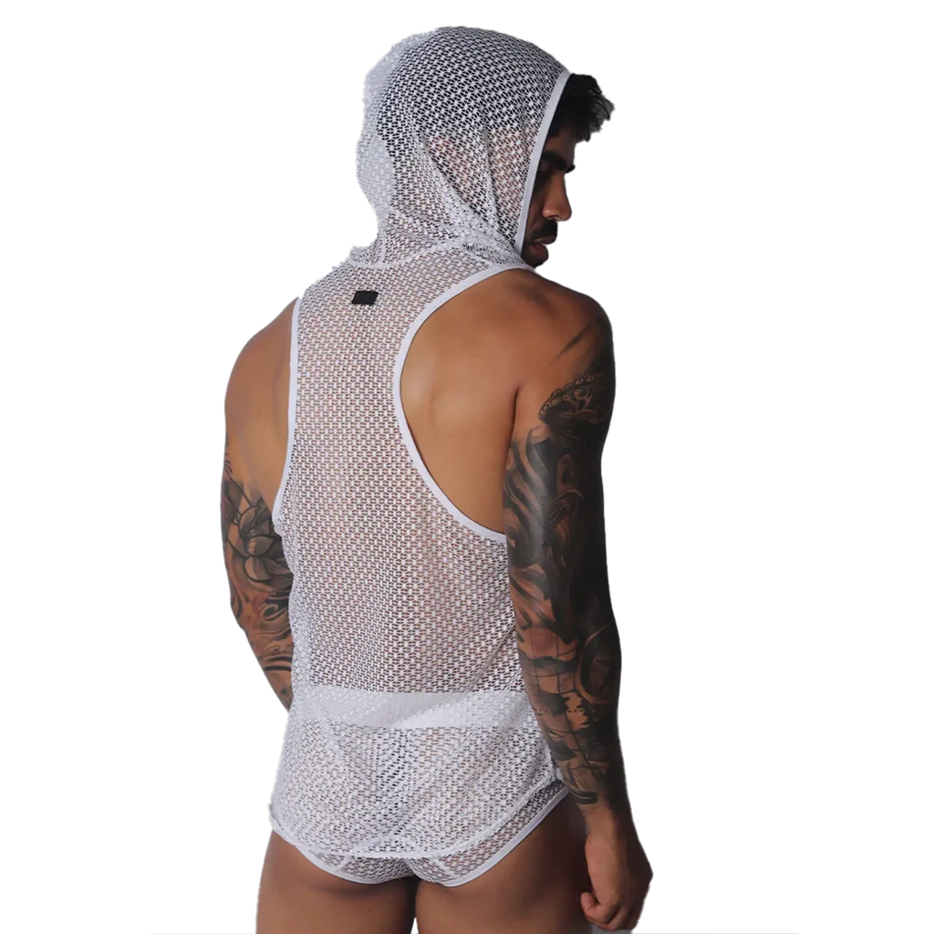 White sleeveless mesh hoodie tank top for men with a racerback design and athletic fit.