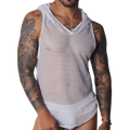 Sleeveless white hooded tank top in a semi-sheer, geometric mesh fabric with a V-neckline.