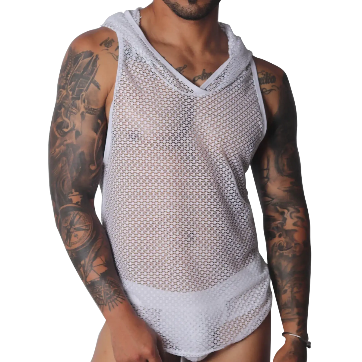 Sleeveless white hooded tank top in a semi-sheer, geometric mesh fabric with a V-neckline.