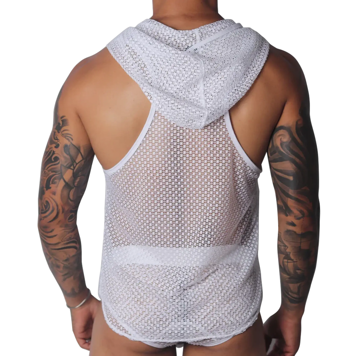 White sleeveless hooded shirt in a sheer, geometric mesh fabric with racerback styling.