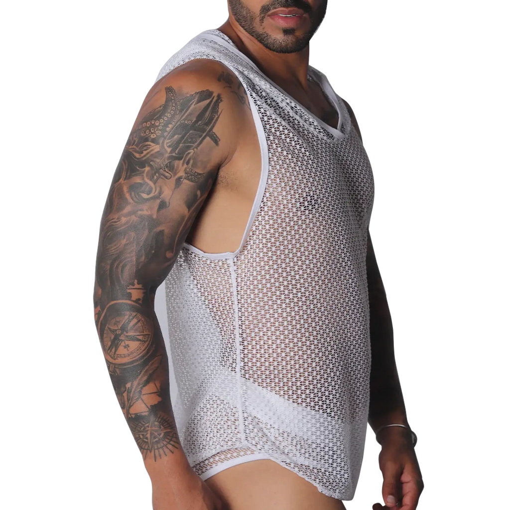 White sleeveless hoody shirt in sheer, open-knit geometric mesh fabric with deep armholes.