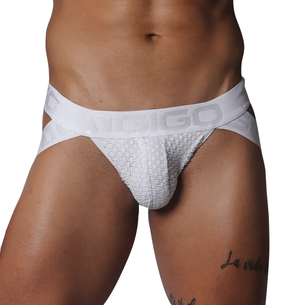 White mesh jockstrap with a branded elastic waistband and contoured pouch.