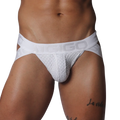 White mesh jockstrap with a branded elastic waistband and contoured pouch.
