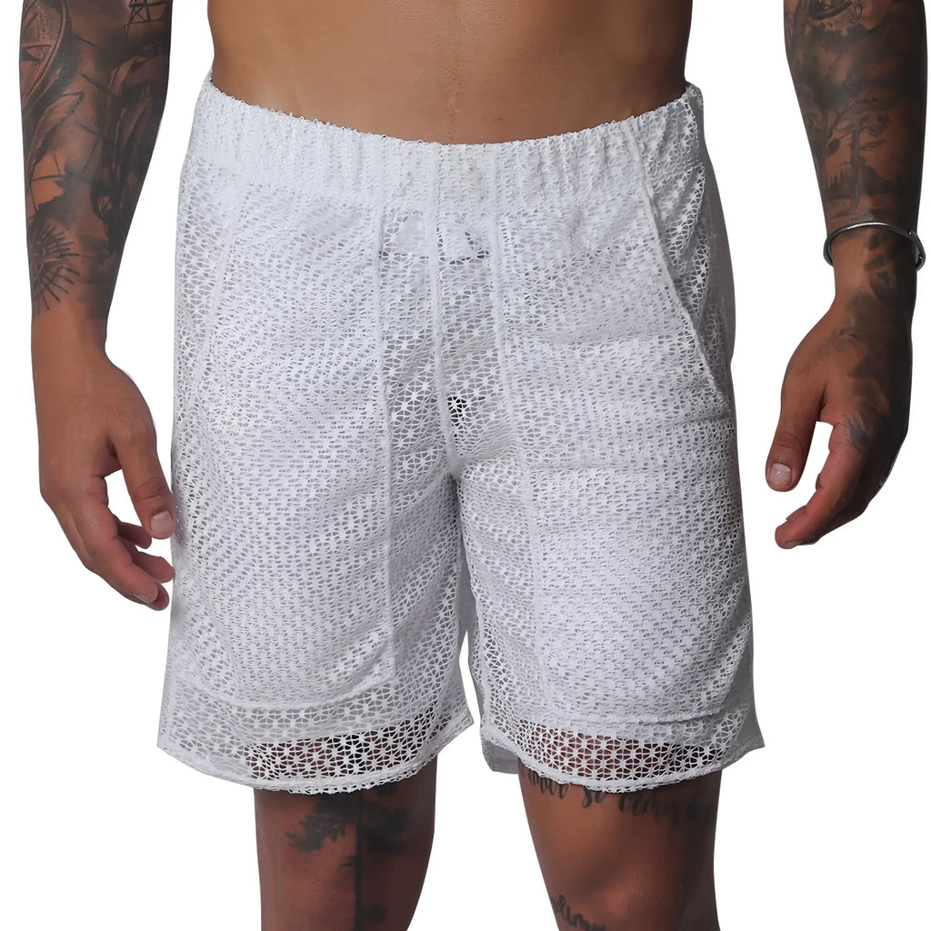 White short athletic-style shorts in a semi-sheer, open-weave mesh fabric with an elastic waistband and side pockets.
