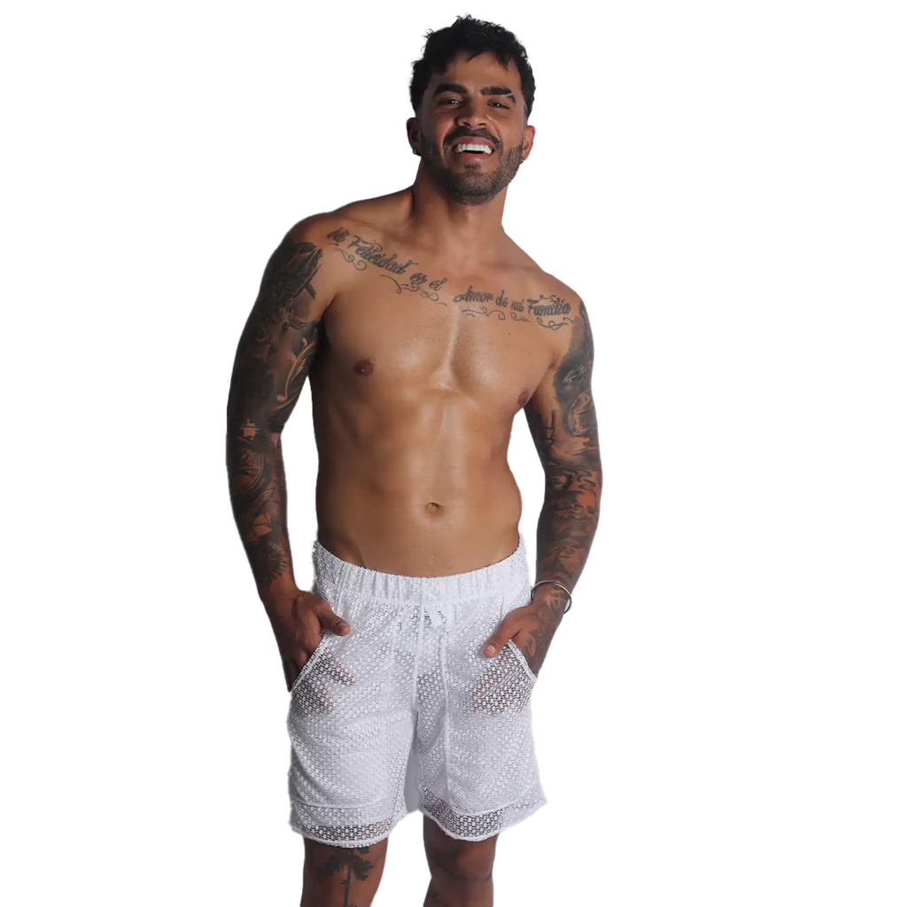 White short, athletic fit shorts in sheer, open-weave mesh fabric with an elastic waistband and side pockets.