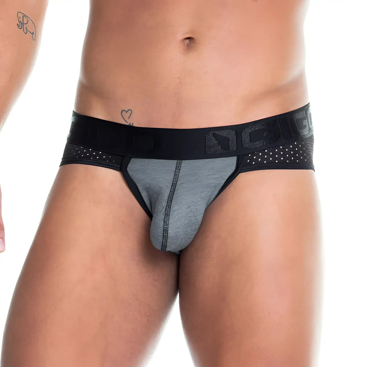 Gray and black gigo prudence black brief athletic briefs with perforated waistband and dice logo for active wear