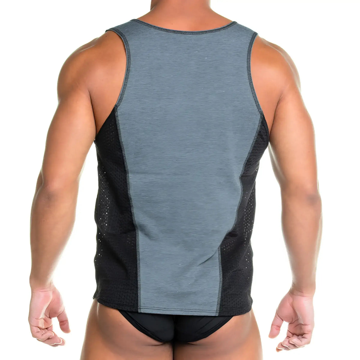 Gigo Prudence black tank gray and black mesh-paneled tank top with a heathered gray center panel