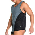 Gigo Prudence black tank menÃ¢â‚¬â„¢s athletic tank top in heather gray and black with solid fabric and breathable mesh paneling