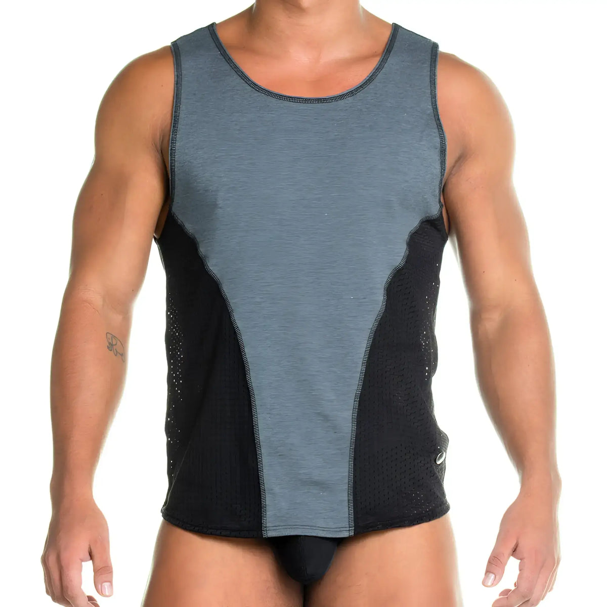 Gray and black gigo prudence black tank top with mesh side panels designed for athletic wear