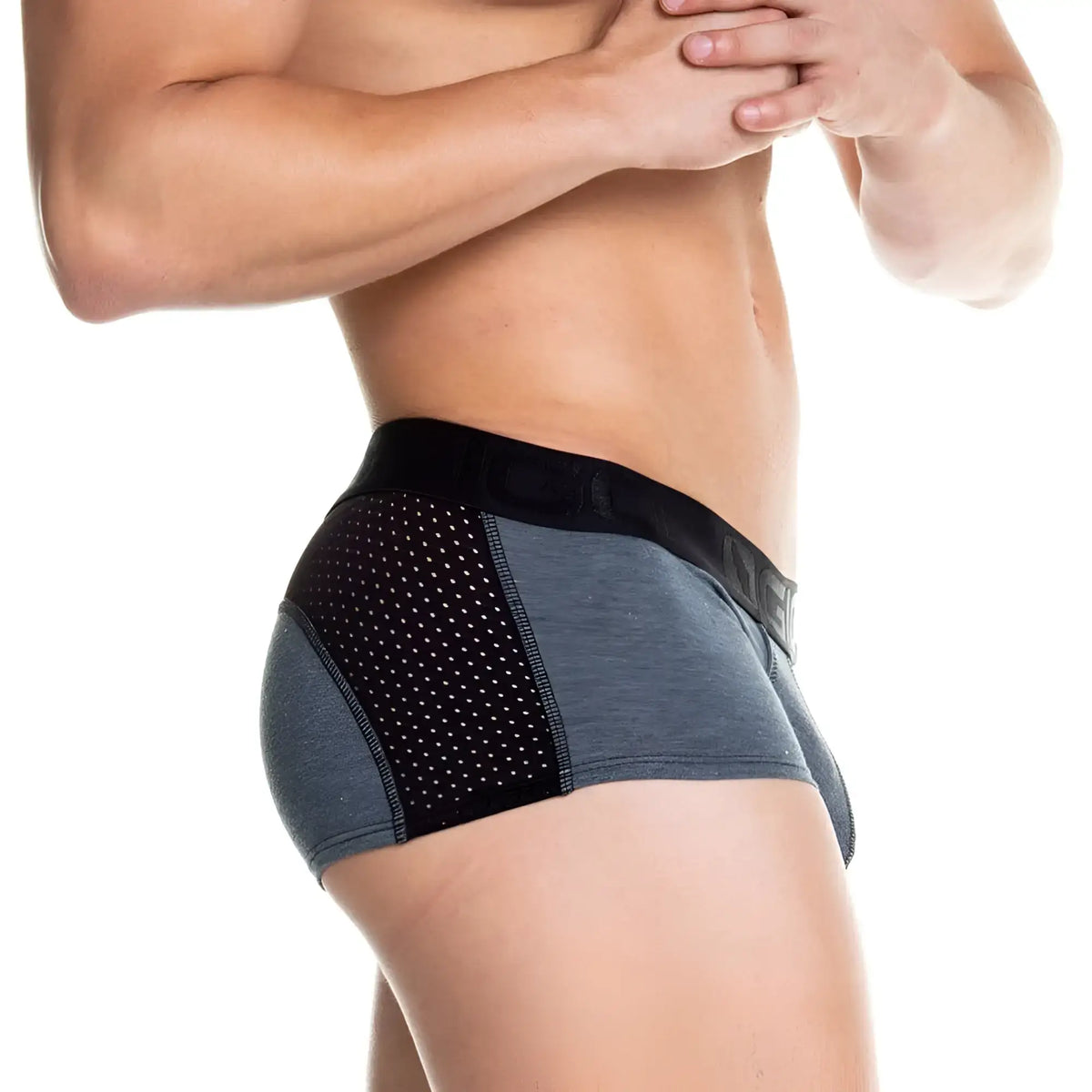 Gigo Prudence black trunk gray and black athletic briefs with perforated mesh side panel for breathability