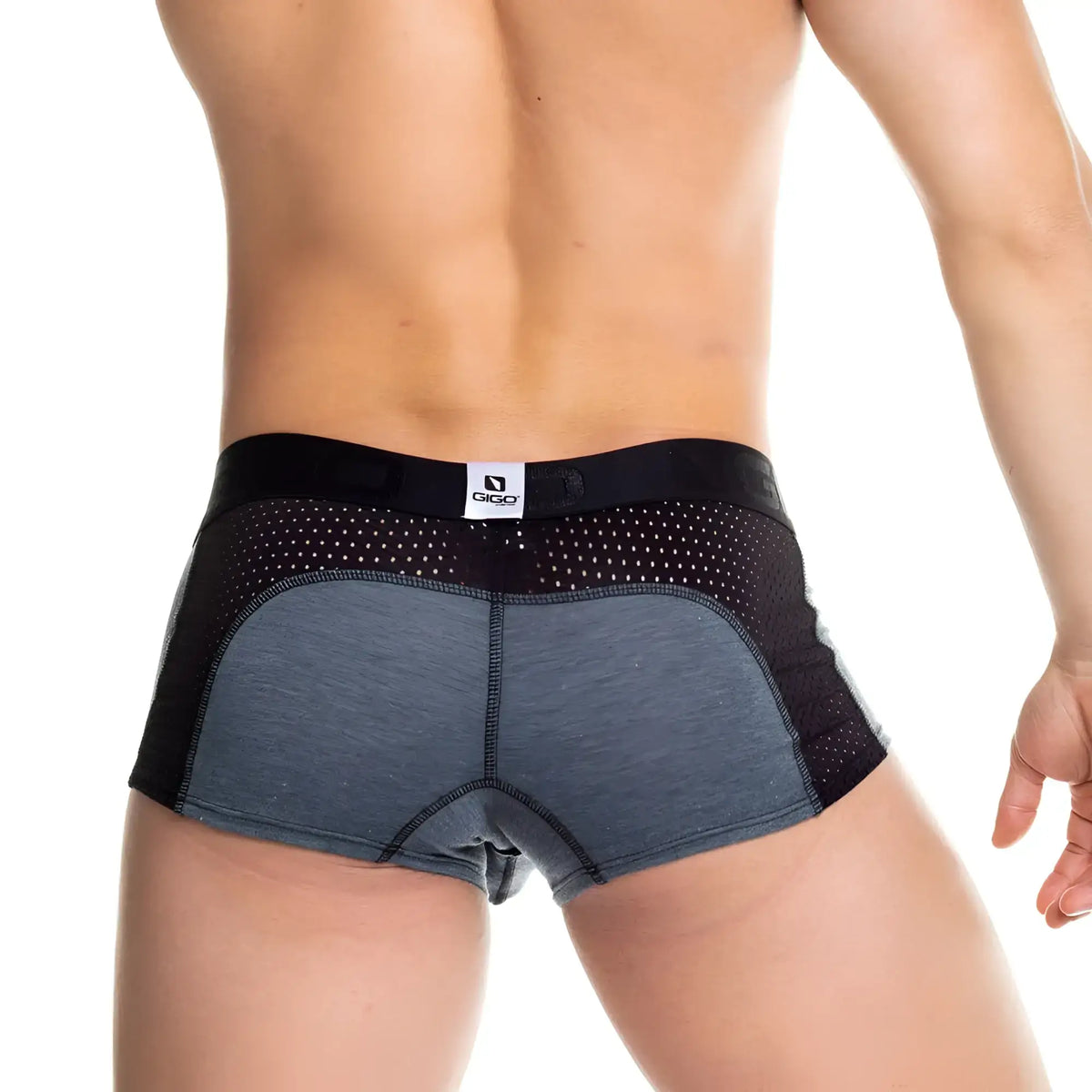 Black and gray gigo prudence trunk briefs with mesh back panel and ciga logo waistband for athletic use
