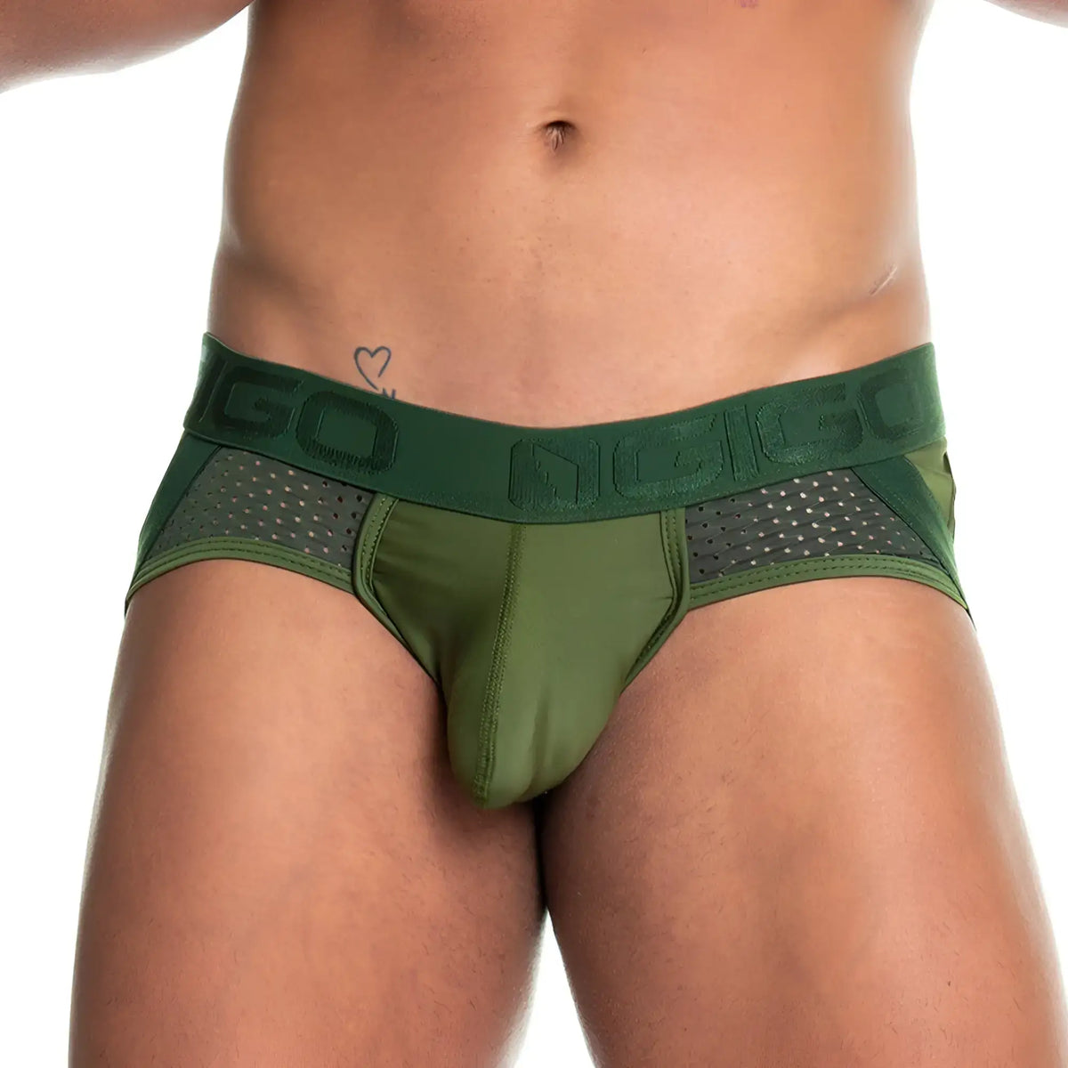 Olive green athletic gigo prudence brief jockstrap with mesh panel and embossed nggo branding on waistband