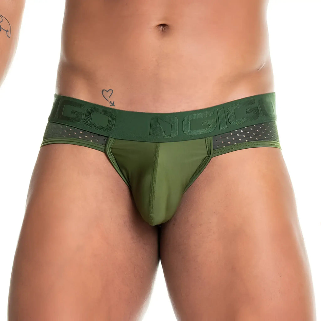 Olive green gigo prudence brief with textured niggo waistband and mesh side panels for athletic use