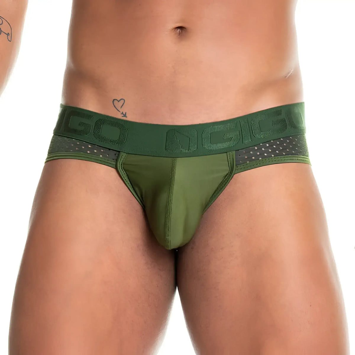 Olive green gigo prudence brief with textured niggo waistband and mesh side panels for athletic use