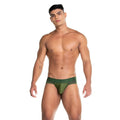 Olive green gigo prudence brief with mesh panel and elastic waistband designed for athletic use