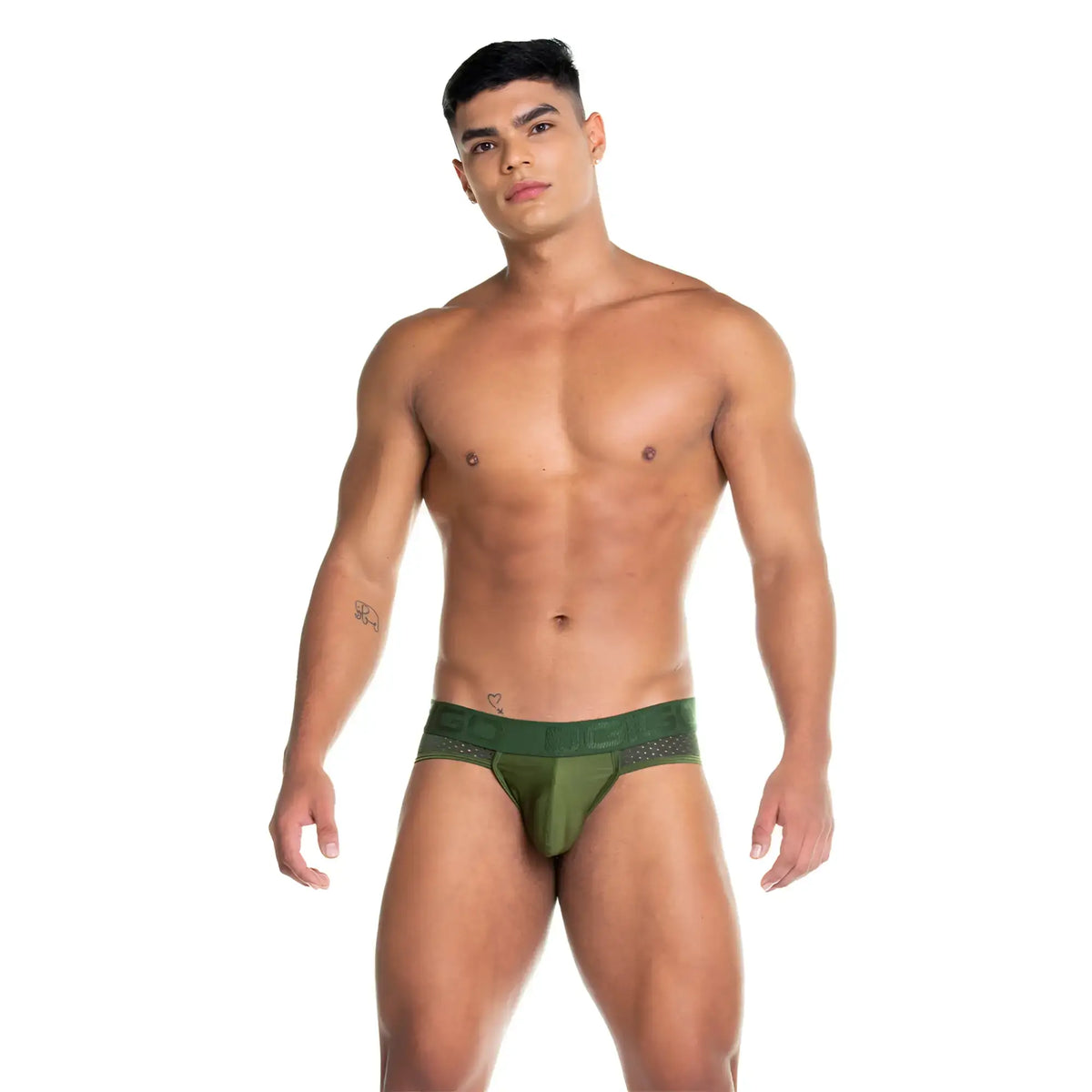 Olive green gigo prudence brief with mesh panel and elastic waistband designed for athletic use