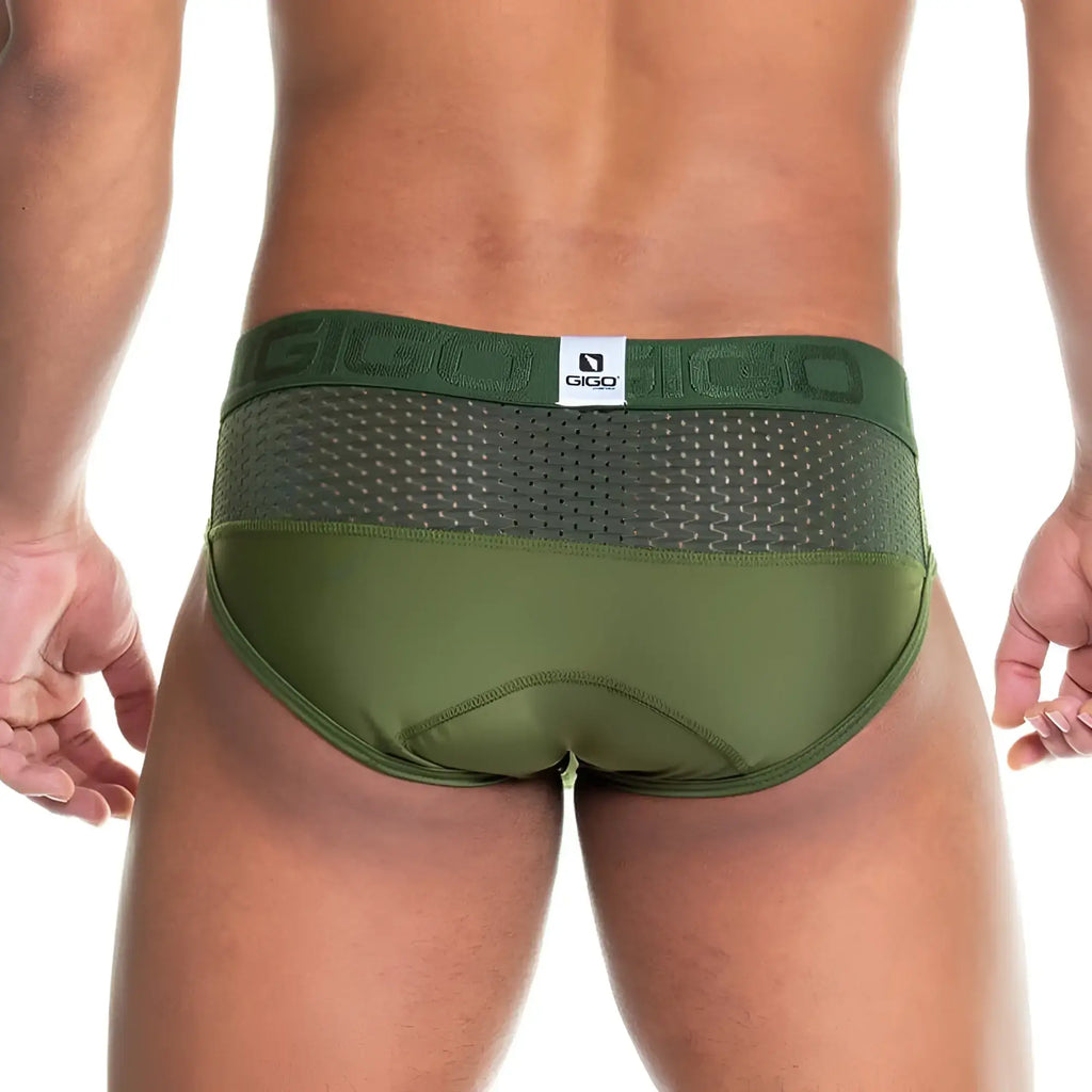 Olive green gigg branded briefs with solid front fabric and breathable mesh back panel in gigo prudence green brief style