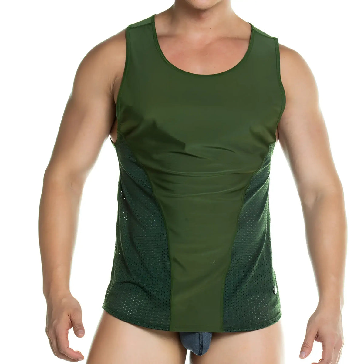 Dark green gigo prudence tank top with solid front panel and breathable mesh side panels for athletic use