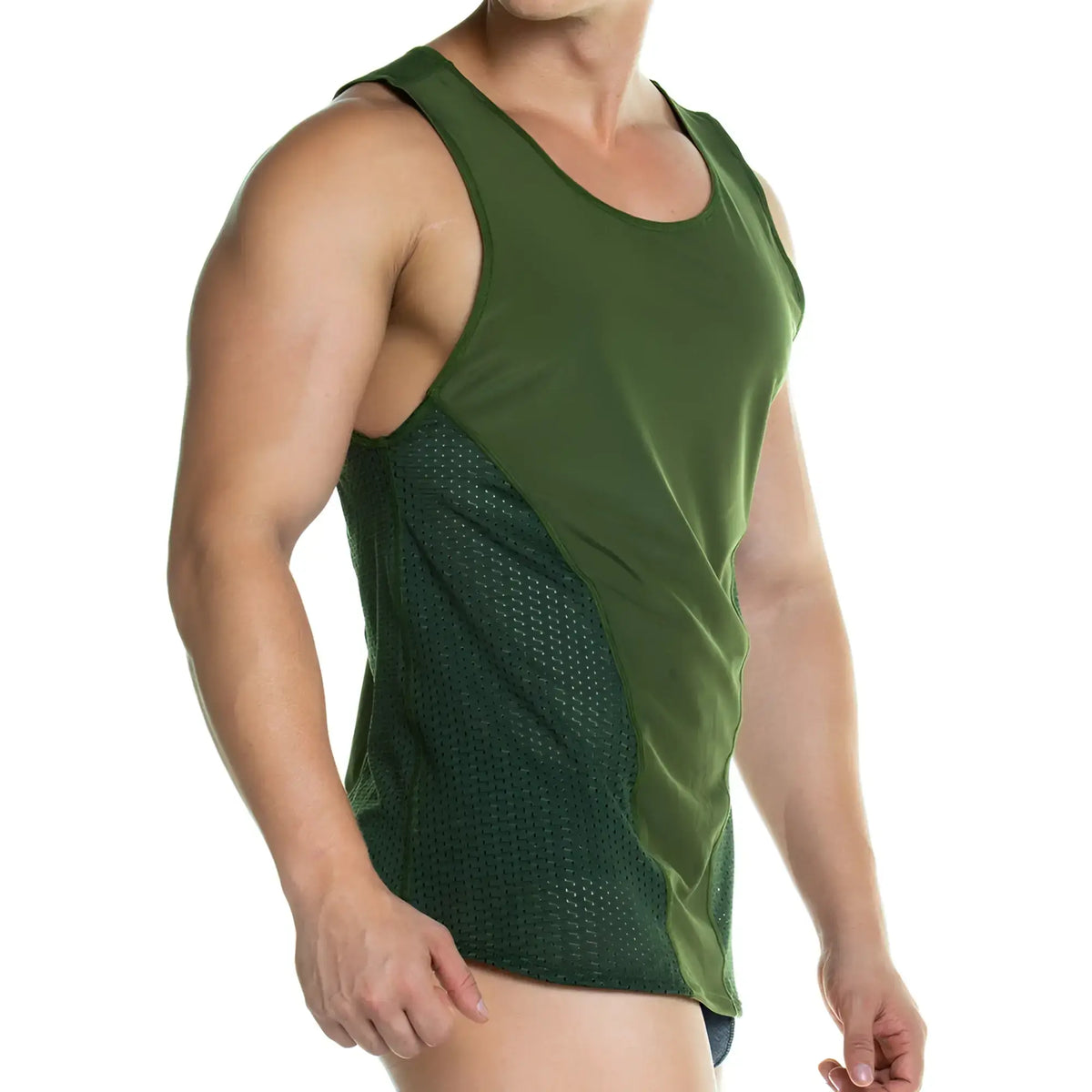 Gigo Prudence green tank olive green athletic tank top with solid fabric upper and breathable mesh side panel
