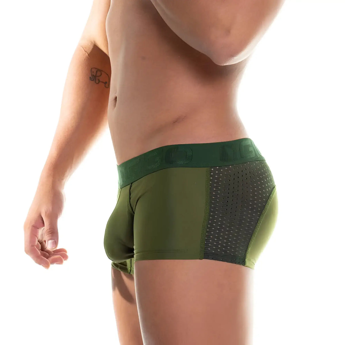 Olive green gigo prudence green trunk athletic briefs with dark green elastic waistband and side mesh panel