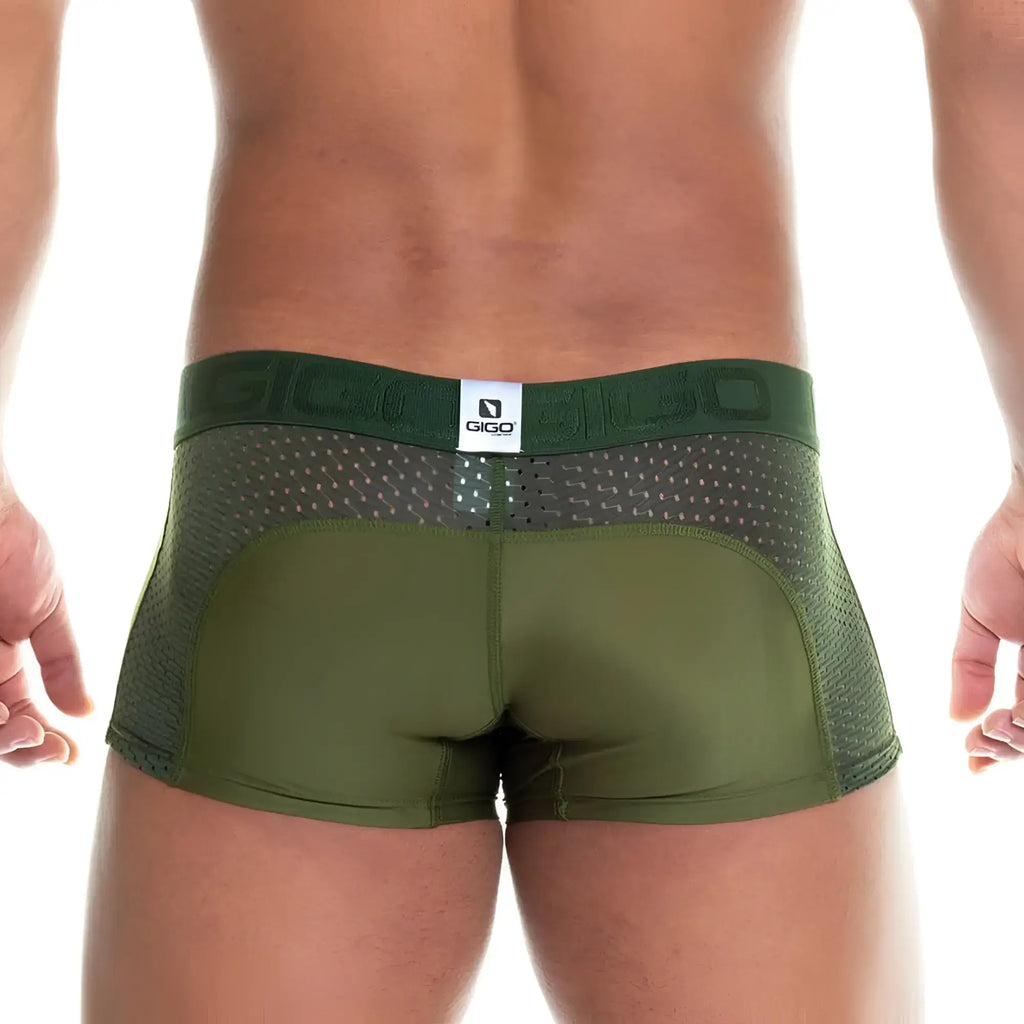 Olive green mesh and solid fabric briefs with branded waistband gigo prudence green trunk front view