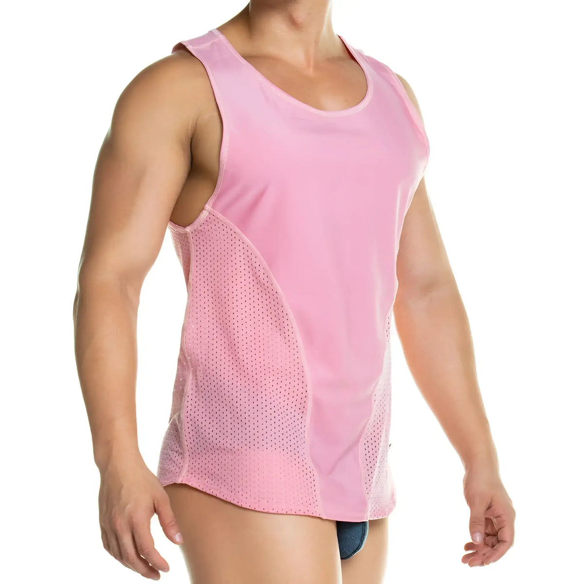 Pink athletic tank top gigo prudence nude tank with mesh panels on sides and underarms for breathability