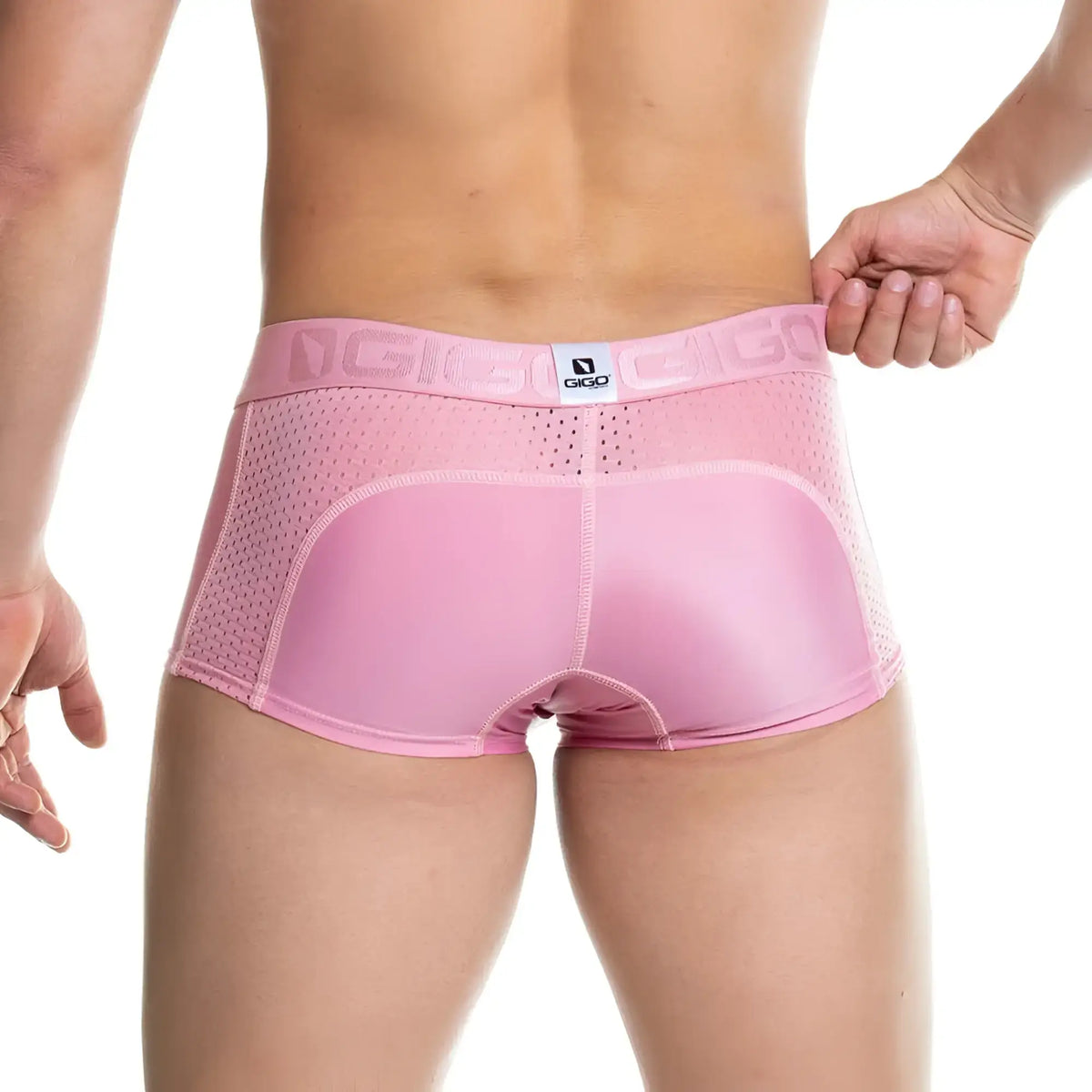 Pink gigi brand menÃ¢â‚¬â„¢s briefs with a mesh back and solid nude front panel gigo prudence nude trunk