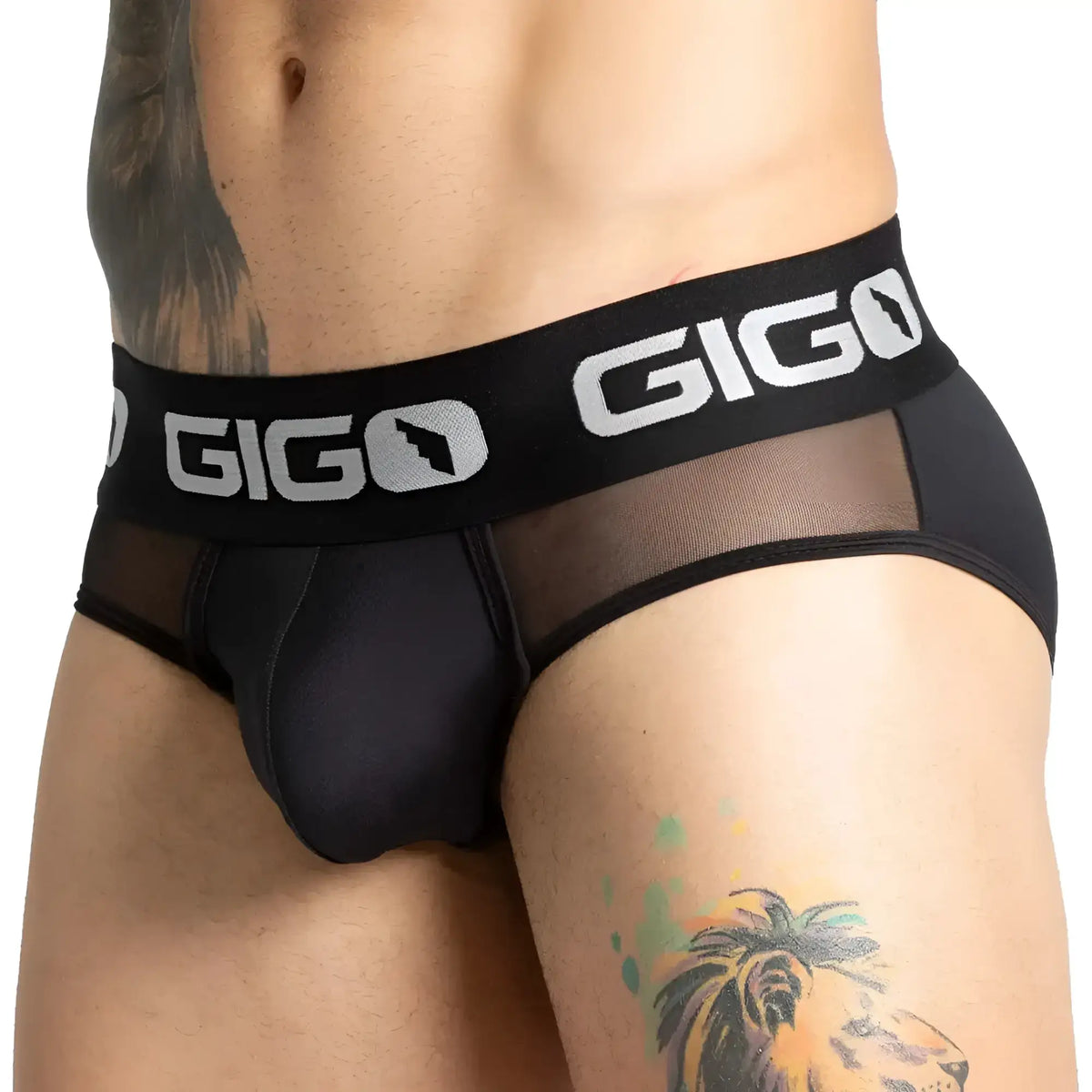 Black Gigo purity brief for men featuring mesh panel and elastic waistband for comfort and breathability