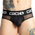 Black gigo brand briefs with mesh front panel and white logo branding on the waistband in purity black design