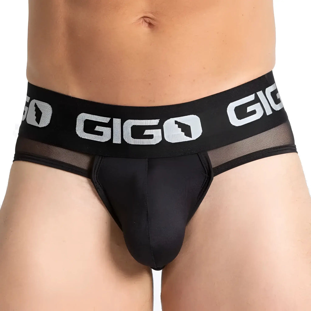 Black gigo purity brief jock with stretchy waistband featuring white logo text and breathable mesh side panels
