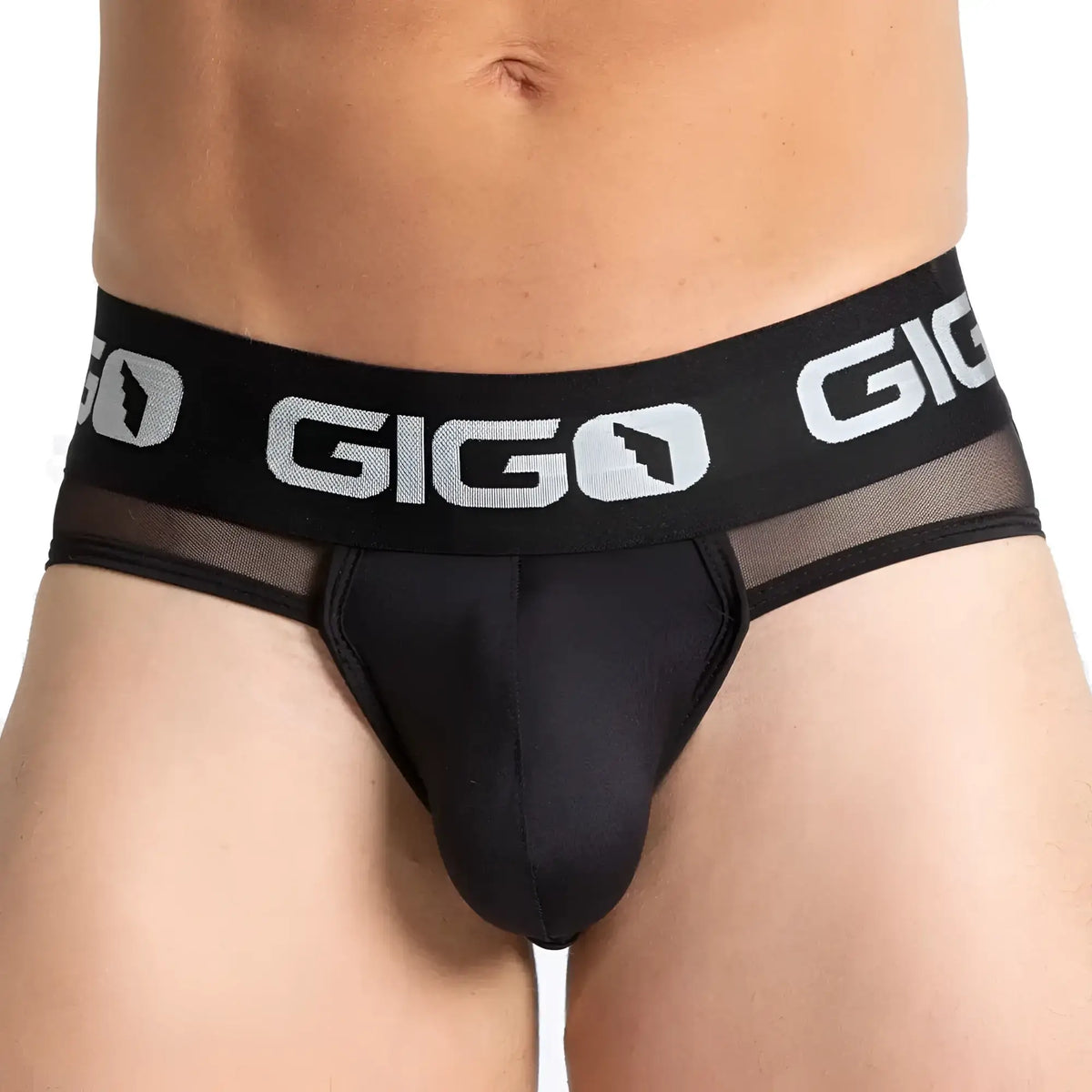 Black gigo purity brief jock with stretchy waistband featuring white logo text and breathable mesh side panels